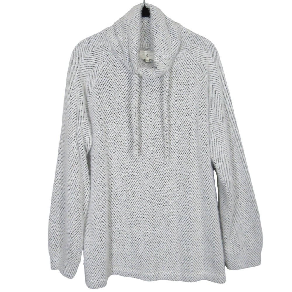 Lou & Grey Womens Large Cowl Neck Fuzzy Herringbone Pullover Sweater White Black - Picture 1 of 10